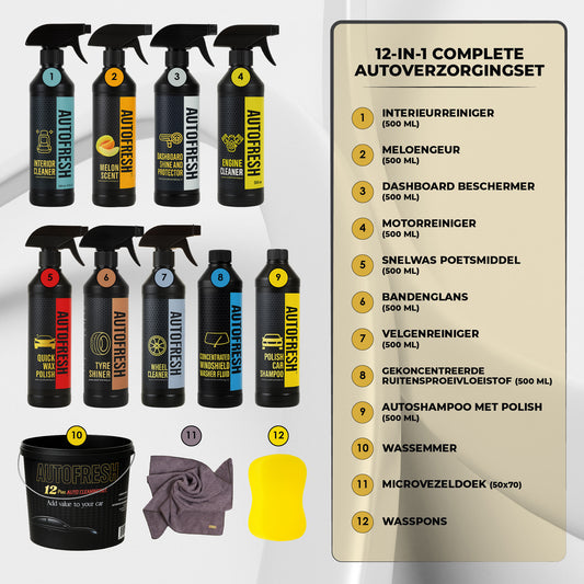 AutoFresh Luxe Autoreinigingsset - Auto wassen -Auto Wash Set-Auto Wash Bucket- Auto Was Set-Auto Was Pakket- Auto Detailing Set- Complete 12-delige Premium Set met Emmer
