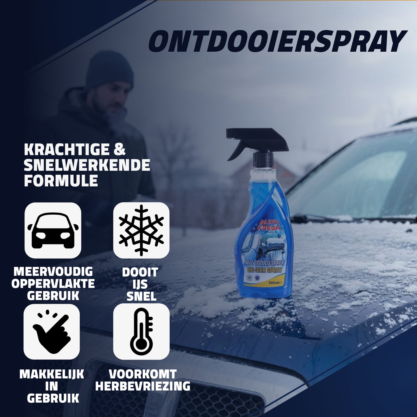 AutoFresh Ruitontdooier Spray Auto 500ml - 6x 500 ML - Krachtige Ijsverwijderaar tot -40°C - Snelwerkende Anti-Vries voor Autoruiten - Voorkomt Herbevriezing - Veilig voor Lak & Rubber - Winter Essential