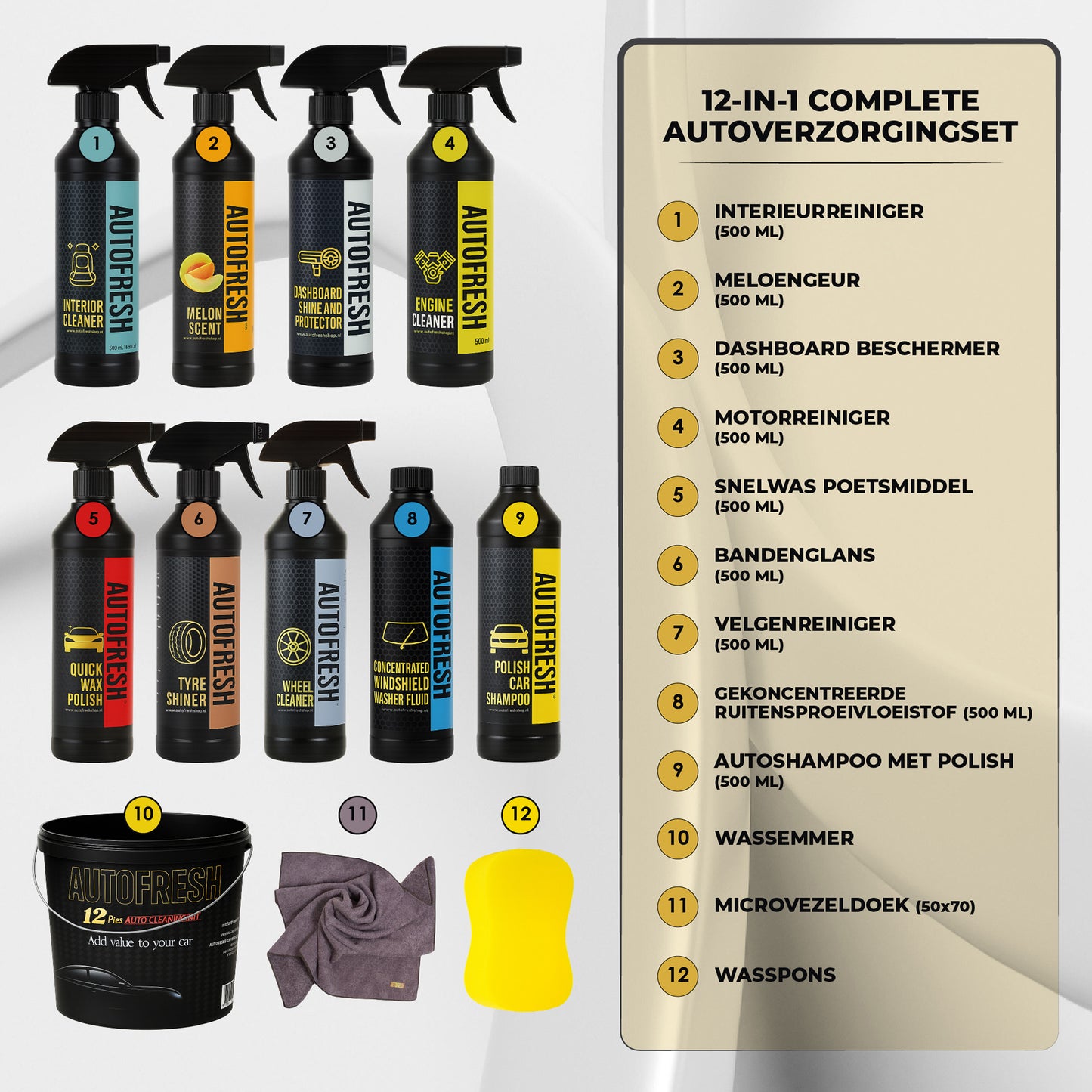 AutoFresh Luxe Autoreinigingsset - Auto wassen -Auto Wash Set-Auto Wash Bucket- Auto Was Set-Auto Was Pakket- Auto Detailing Set- Complete 12-delige Premium Set met Emmer