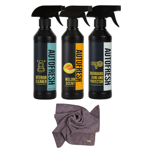 AutoFresh Interior Detailing Set (4 stuks),Auto Detailing Interior Set, Auto was set, Meloen Luchtverfrisser – 500 ml,Dashboard Glans- en Beschermingsspray – 500 ml,Interieurreiniger – 500ml, Microvezel Doek 50x70cm
