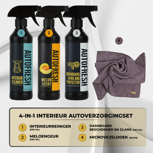 AutoFresh Interior Detailing Set (4 stuks),Auto Detailing Interior Set, Auto was set, Meloen Luchtverfrisser – 500 ml,Dashboard Glans- en Beschermingsspray – 500 ml,Interieurreiniger – 500ml, Microvezel Doek 50x70cm