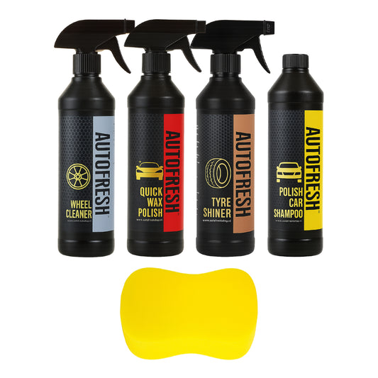 AutoFresh- Exterior Detailing Set (5 stuks)- Auto Was Set-Deatiling Set - Snel Wax Polish 500 ml, Auto Shampoo 500ml,Banden- en Bumper Glasbeschermer – 500ml,Velgenreiniger – 500ml,Autowasspon