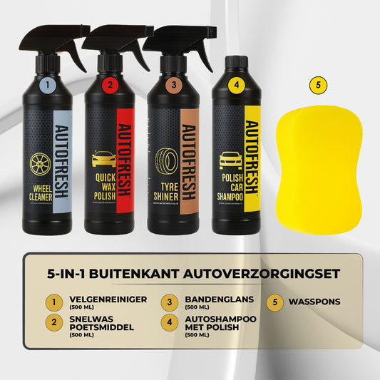 AutoFresh- Exterior Detailing Set (5 stuks)- Auto Was Set-Deatiling Set - Snel Wax Polish 500 ml, Auto Shampoo 500ml,Banden- en Bumper Glasbeschermer – 500ml,Velgenreiniger – 500ml,Autowasspon