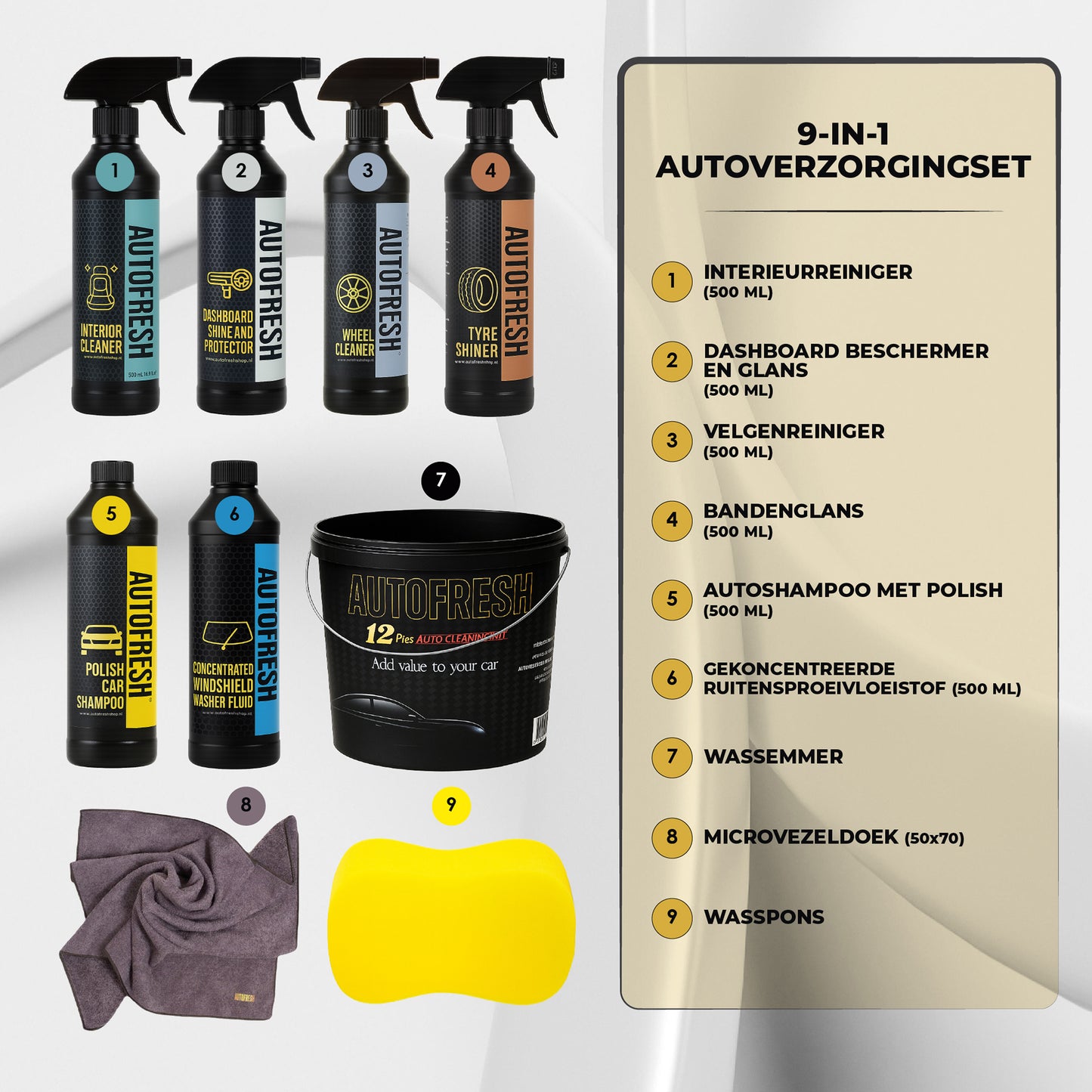AutoFresh Luxe Autoreinigingsset, 9-delige Autowas Set, Complete Interieur & Exterieur Reinigingsproducten, Inclusief Bekledingreiniger, Velgenreiniger, Autoshampoo, Microvezeldoek, Spons & Emmer