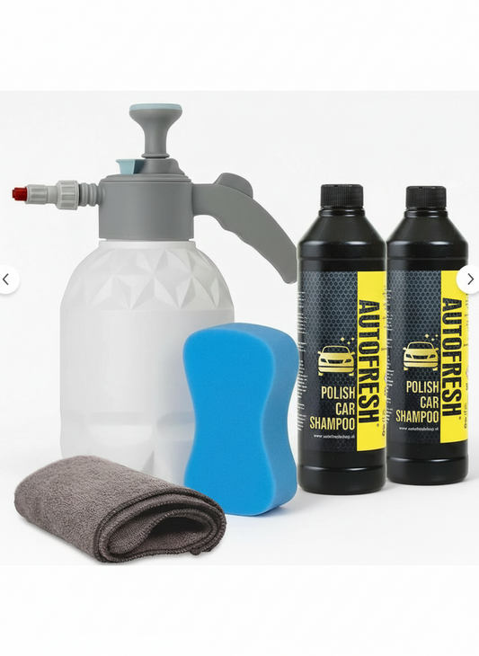 Autofresh - Auto Was Set - Druk spuit - Handpomp - Foam gun - Snow foam - 2x 500 ml Shampoo - Spons -Microvezeldoek - All in One Ultimate Cleaning Bundle.