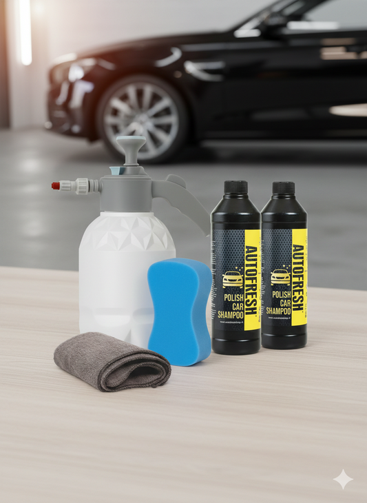 Autofresh - Auto Was Set - Druk spuit - Handpomp - Foam gun - Snow foam - 2x 500 ml Shampoo - Spons -Microvezeldoek - All in One Ultimate Cleaning Bundle.