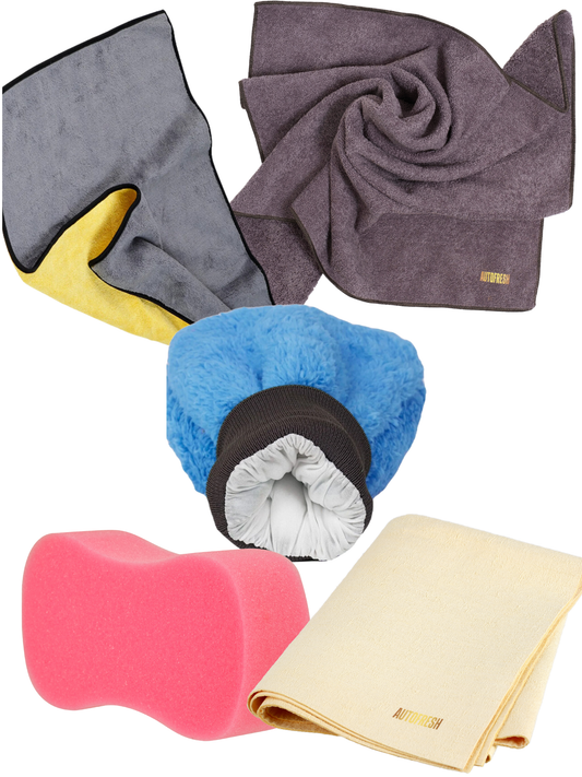 AutoFresh- Auto Wassen- Auto Afdrogen Voertuig Glasreiniging 5-delige Compleet Set - Dikke Microfiber Doek 50x70 cm- Autowas Spons - Autowas Handschoen -Dubbellaags Microvezel Auto Droogdoek 30x60 cm - Zeemleer Autodoek 50x70cm
