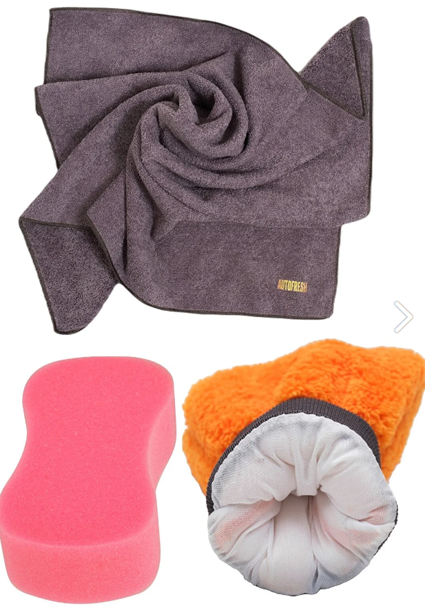 AutoFresh- Auto Wassen- Auto Afdrogen Voertuig Glasreiniging 3-delige - Dikke Microfiber Doek 50x70 cm- Autowas spons - Handschoen Set